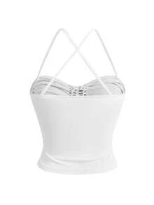 ROMWE Débardeur femme Y2K printemps/été, taille cintrée, cordon de serrage, ajouré, sexy, couleur unie, minimaliste - Blanc - Voir 2