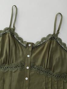 SHEIN Tall CURVE 大尺碼綠色休閒甜美細肩帶背心上衣 - 軍綠色 - 查看 3