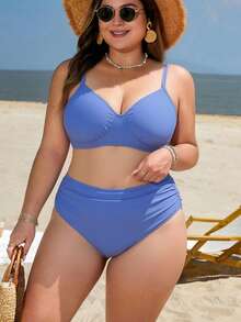 Swim Lushoire Plus Size Women 2-Piece Fashionable Minimalist Solid Color V-Neck Wide Adjustable Shoulder Strap Ruched Waist Split Swimsuit For Summer - Mauve Purple - View 3