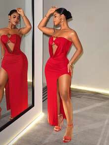BamGleam Women's Solid Color Hollow Cutout Design Sexy Party Strapless Dress - Red - View 5