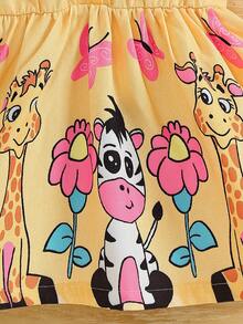 SHEIN Playful Pals 1件女嬰無袖牛仔鈕扣領卡通動物印花休閒陽光連身裙 夏季 - 黃色 - 查看 8