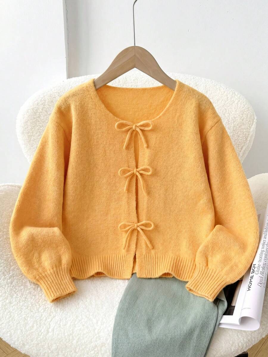 SHEIN 兒童青少年女孩寬鬆休閒簡約舒適圓領長袖繫帶蝴蝶結波點開襟衫 秋冬返校款 - 彩色 - 查看 1