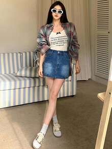 DAZY 女款休閒百搭牛仔迷你裙，附口袋與鈕扣，適合日常穿著 - 藍色 - 查看 5