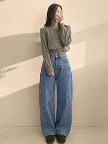 DAZY 女款高腰口袋寬腿寬鬆休閒牛仔褲 - 淺藍色 - 查看 3