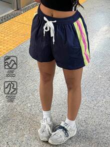 Muchica Navy Blue Side Stripe Pocket Minimalist Sports Shorts Beach Vacation Sports Casual Spring Summer Autumn USA World Cup Soccer Holiday - Navy Blue - View 9