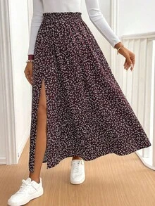 SHEIN Frenchy 女款碎花開衩荷葉邊裙 - 紫色 - 查看 2