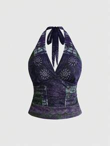 ROMWE Hippie 復古春夏嬉皮度假風拼接圖案掛脖大尺碼女款背心上衣 - 藍色 - 查看 1
