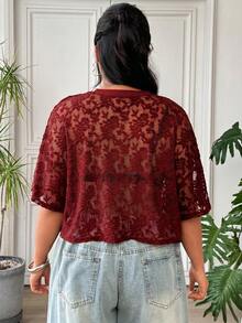SHEIN EZwear 大尺碼女款花卉網紗圓領短袖寬鬆上衣 - 紅色 - 查看 2