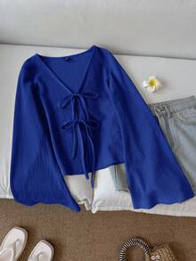 SHEIN LUNE 女款休閒純色V領喇叭袖前打結上衣，春秋款皇家藍V領上衣，皇家藍上衣，皇家藍上衣，皇家藍上衣，皇家藍前打結上衣，休閒風格 - 寶藍色 - 查看 1