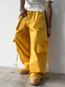 PAVTROS Men's Solid Color Drawstring Waist Cargo Pocket Wide Leg Casual Pants - Yellow - View 5