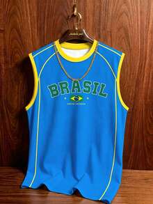 Manfinity Campus Court 復西足球背心，美國 BRASIL 10 印花無袖圖案背心，男士時尚運動上衣，夏季休閒運動上衣，足球，足球用品，假期 - 彩色 - 查看 1