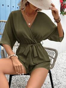 Vivid Eden Women's Summer V-Neck Criss-Cross Wrap Waist Tie-Up Lace Trim Textured Fabric Casual Vacation Romper - Dark Green - View 6