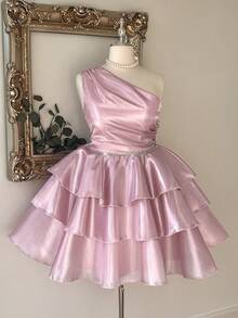 Lovelzi Luxury Plus Size Elegant Pink Shiny Satin Asymmetric Neck Ruched Rhinestone Chain Cinched Waist Three-Layer Tiered Skirt Party Short Prom Dress - Pink - View 1