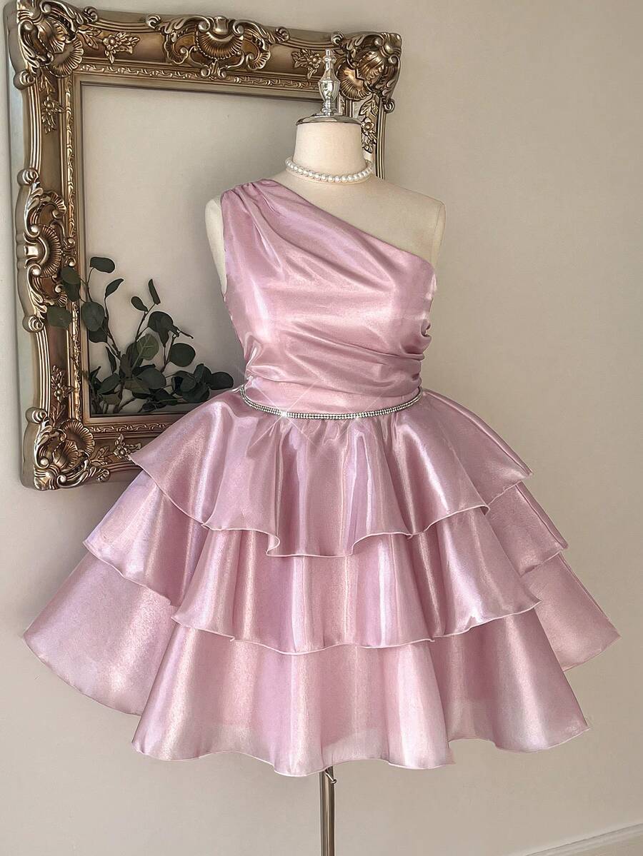 Lovelzi Luxury Plus Size Elegant Pink Shiny Satin Asymmetric Neck Ruched Rhinestone Chain Cinched Waist Three-Layer Tiered Skirt Party Short Prom Dress - Pink - View 1