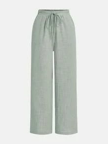 SHEIN Essnce 女士纯色系腰阔腿宽松休闲裤 - 薄荷綠 - 查看 5