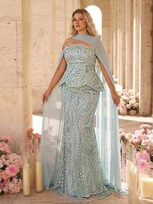 Glamrae Plus Size Elegant Classy Formal Luxurious Dusty Blue Cold Shoulder Hanging Sleeve 3D Floral Bead Sequin Lace Sexy Mermaid Evening Dress Wedding Winter - Baby Blue - View 6