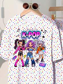 女童休閒波點卡通女團印花 K-Pop 風圓領短袖 T 恤與喇叭褲 2 件套，適合夏季 - 彩色 - 查看 5
