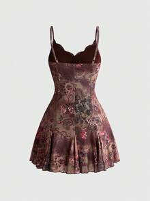 ROMWE Dark Floral Forest Hippie Romantic Gothic Palace Print Loose Slimming Women's Spaghetti Strap Mini Dress - Brown - View 2