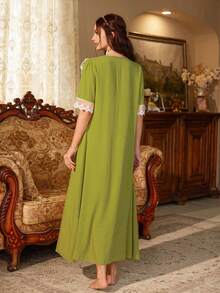 PalaceNights Palace Style Embroidered Floral Lace Patchwork V-Neck Button Front Short Sleeve Nightgown - Olive Green - View 2