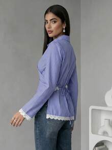 Veilorie Women's Striped Lace Patchwork Pleated Casual Daily Wear Arabic Style Blouse - Blue and White - View 8