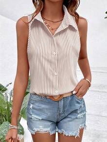 SHEIN Holidaya 女款夏季法式優雅通勤翻領無袖寬鬆百搭粉色與白色條紋休閒開襟襯衫 - 卡其色 - 查看 5