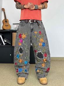 STEELVANCE Men's Pocket Button Floral Embroidery Pattern Distressed Design Casual Versatile Daily Travel Jeans - Grey - View 1