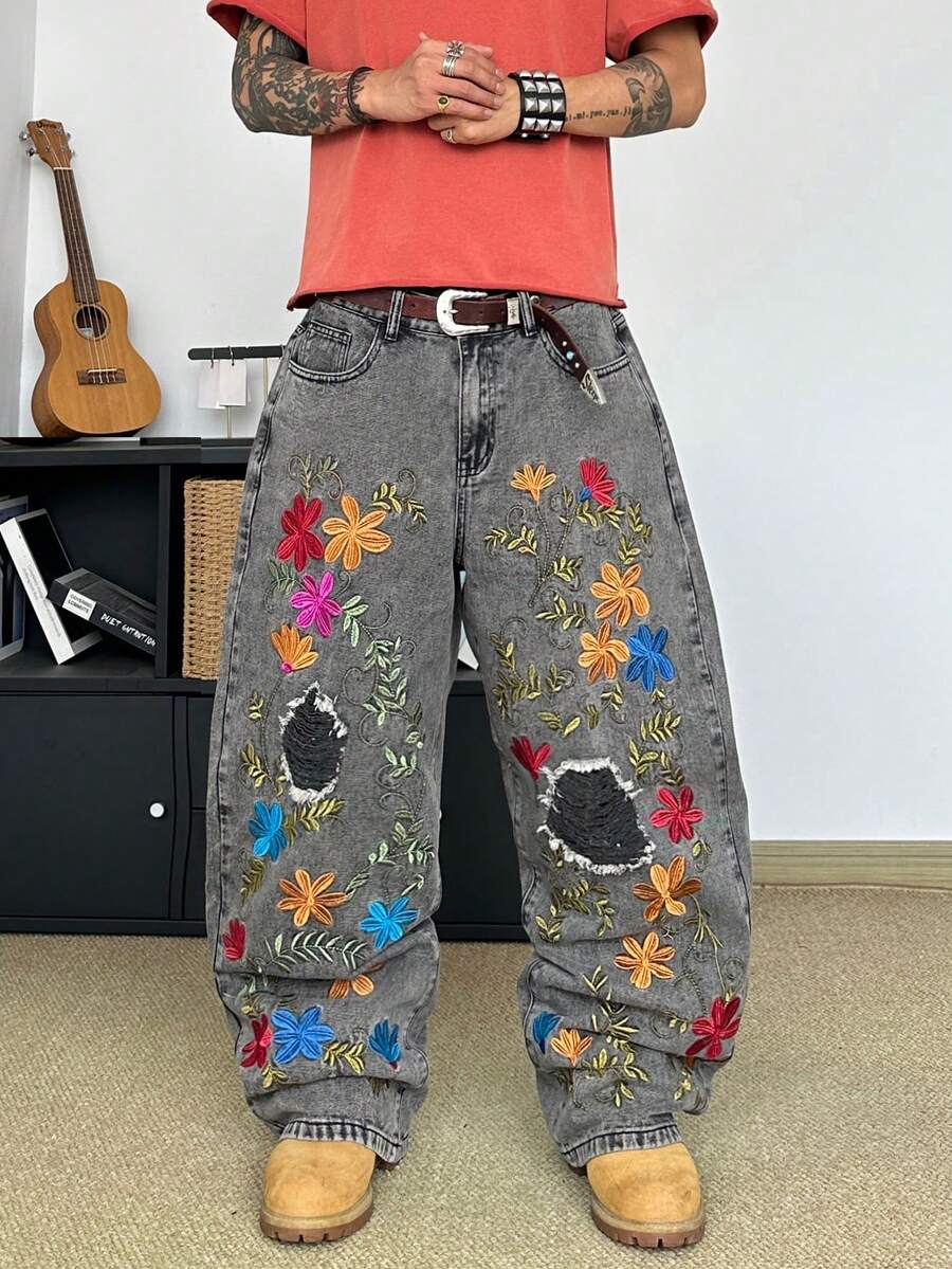 STEELVANCE Men's Pocket Button Floral Embroidery Pattern Distressed Design Casual Versatile Daily Travel Jeans - Grey - View 1
