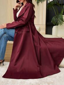 Yasmyna Elegant Minimalist Long Trench Coat, Spring/Autumn Over-The-Knee Tie Waist With Large Pockets, Versatile Commuter Outerwear - Burgundy - View 7
