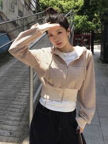 DAZY 女款條紋韓風長袖連帽衛衣 - 杏色 - 查看 7