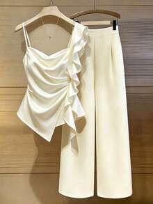 SHEIN Franclia Women's Elegant Casual Beige 2 Pieces Set - Beige - View 1