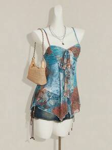 SHEIN ICON Women's Green Floral Print Mesh Camisole Tank Top, Casual Vacation Style - Multicolor - View 5