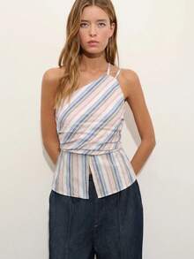 Nöista One-Shoulder Top In Pastel Striped Fabric, Asymmetrical Neckline And Peplum Hem. Perfect For Brunch, Summer, Spring, Vacation, French Coastal - Multicolor - View 4