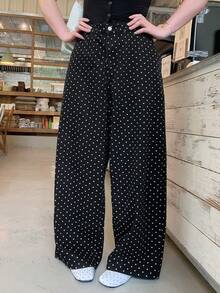 Dazy Plus Polka Dot Loose Casual Jeans For Girls, All-Season Versatile, Plus Size, Black, Spring/Autumn Cute Tops - Black - View 1