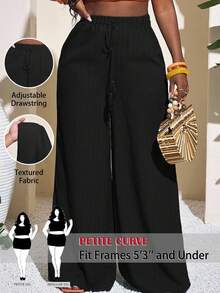 SHEIN PETITE CURVE 大尺碼女款素色腰綁帶寬腿長褲 - 黑色 - 查看 2