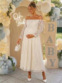Loomaby Elegant Maternity Party Photoshoot Solid Color Lace Off-Shoulder Dress Wedding Floral White Autumn - Yellow - View 5