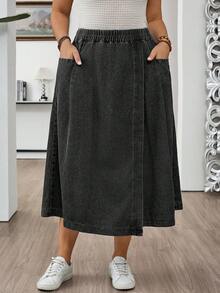 EMERY ROSE EMERY ROSE Plus Size Casual Washed Wrap Denim Skirt - Black - View 4