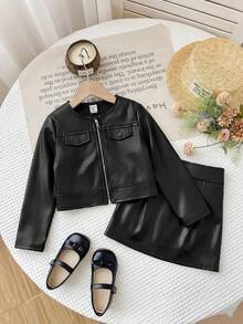 SHEIN 少女黑色長袖外套與緊身迷你裙套裝 秋冬款 - 黑色 - 查看 3