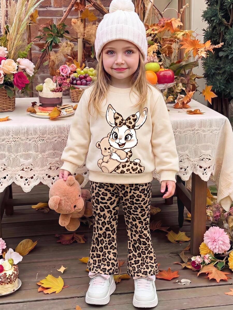 SHEIN 1 Set Baby Girl Casual Cute Rabbit Print Crew Neck Sweatshirt And Leopard Print Flare Pants Outfit, Suitable For Autumn/Winter Daily Wear - Multicolor - View 1
