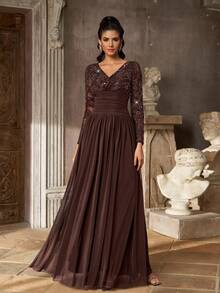 Aureia Elegant Luxurious Beaded Sequin Elastic Lace Patchwork Chiffon Ruched Sheer Long Sleeve Full Skirt Evening Dress For Wedding, Bachelor Party, Vacation, Holiday, Gathering, Music Festival, Graduation, Dinner Party (Free Floating Petals) - Coffee Brown - View 5