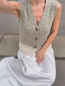 Siren Gaze Women's Solid Color V-Neck Single-Breasted Casual Versatile Daily Knit Vest - Apricot - View 4
