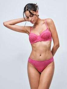 Softvol 1 Set Women's Solid Color Lace Comfortable Lingerie Set - Hot Pink - View 4