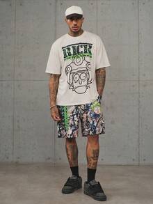 Rick and Morty X SHEIN Men's Letter Cartoon Print Short Sleeve T-Shirt And Shorts Set - Khaki - View 6