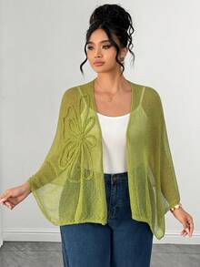 SHEIN Clasi Cardigan/Selendang Rajut Longgar Semi-Transparan Bordir Kasual Ukuran Plus untuk Liburan - Hijau - View 4
