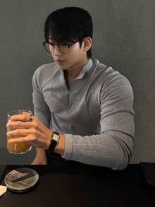 DAZY Slim Fit Half-Button Grey Letter Embroidery Raglan Sleeve Men's T-Shirt - Grey - View 7