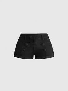 ROMWE Halloween Y2K Gothic Castle Medieval Napoleon Style Sexy Ultra Low Waist Women's Denim Shorts - Black - View 1