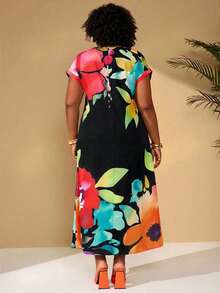 BrightlyHer Damen Große Größen Blume Muster Lässig Urlaubs Sommerkleid - Schwarz - Übersicht 2