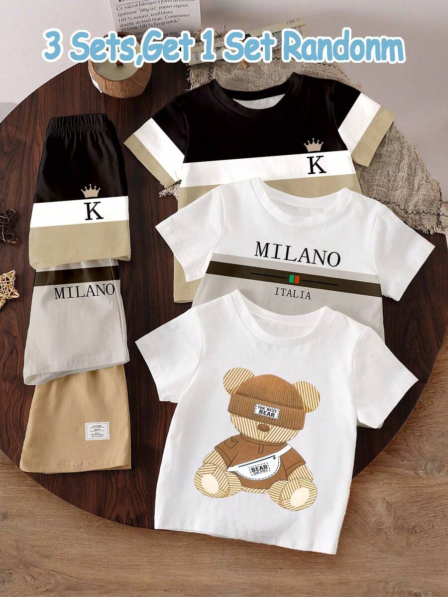 Souflis Souflis 3套組,隨機1套條紋拼色休閒時尚運動風經典色塊拼接 MILANO, ITALIA 字母熊圖案圓領T恤與字母印花圓領短袖T恤及配套短褲套裝 - 彩色 - 查看 1