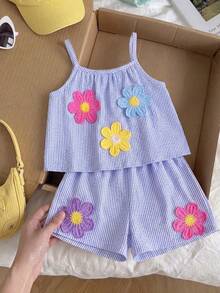 SHEIN Toddler Girls' Striped Textured Camisole Top & Shorts With Floral Decor,Summer Matching Family Vacation 2 Piece Set,Ages 4-7 Girls Summer Outfit - Blue - View 3