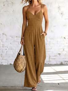SHEIN Holidaya Women's V-Neck Sleeveless Jumpsuit, Suitable For Spring/Summer Vacation - Khaki - View 1