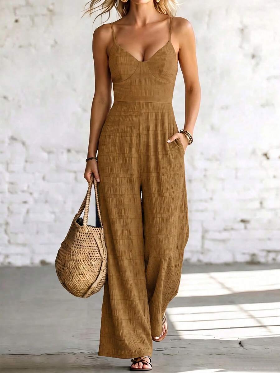 SHEIN Holidaya Women's V-Neck Sleeveless Jumpsuit, Suitable For Spring/Summer Vacation - Khaki - View 1